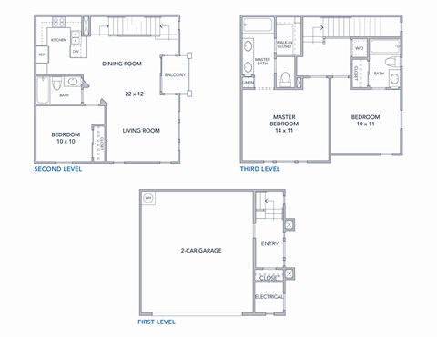 Floor plan for 3 beds, 3 baths, 1310 sqft